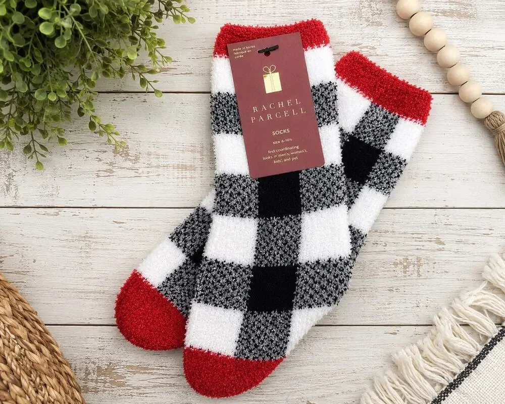 Rachel Parcell Black Buffalo Check Fuzzy Crew Socks Red Trim Women’s 9-11 NWT